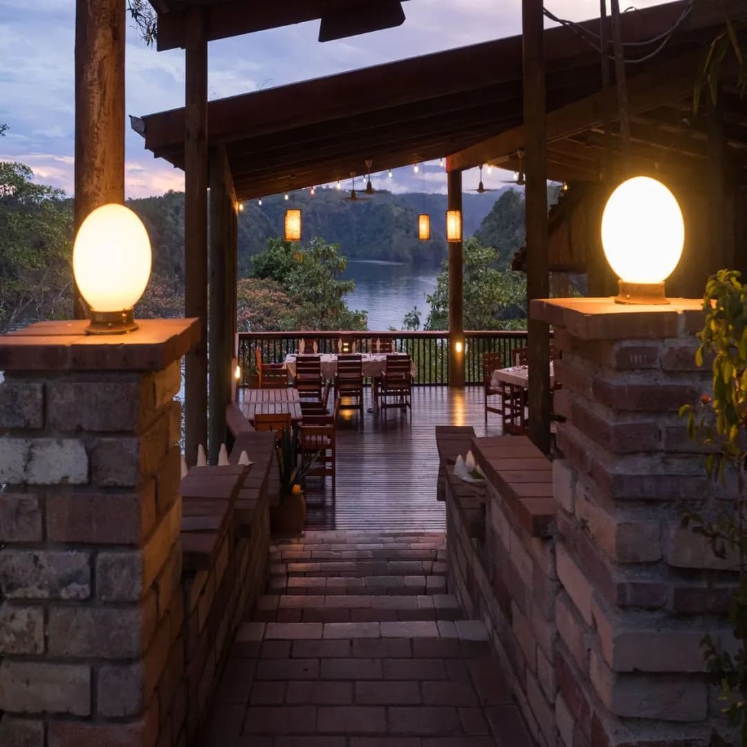 Tables in the restaurant at Tufi Resort Papua New Guinea Tables in the restaurant at Tufi Resort Papua New Guinea